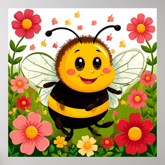 Affiche Abeille de dessin animé joyeuse entourée de fleurs (Devant)