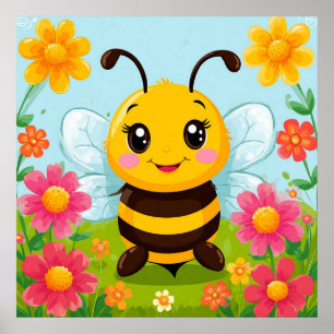 Affiche Abeille de dessin animé joyeuse entourée de fleurs