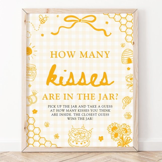 Affiche Abeille en Vichy Jaune Devinez Combien de Bisous (Yellow Gingham Honey Bee Guess How Many Kisses Game Sign)