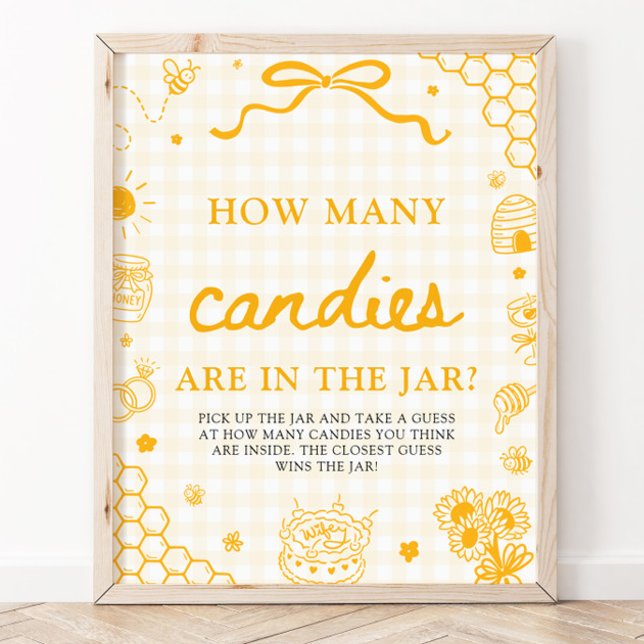 Affiche Abeille en Vichy Jaune Devinez Combien de Bonbons (Yellow Gingham Honey Bee Guess How Many Candies Game Sign)