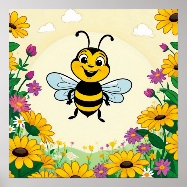 Affiche Abeille heureuse dans des fleurs colorées  (Devant)