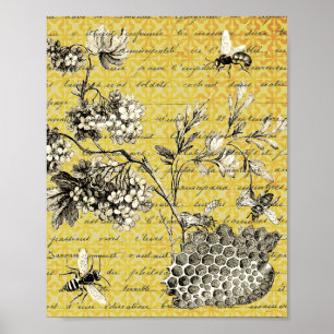 Affiche Abeille vintage et fleur
