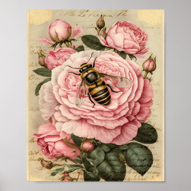 Affiche Abeille vintage et roses roses roses (Devant)
