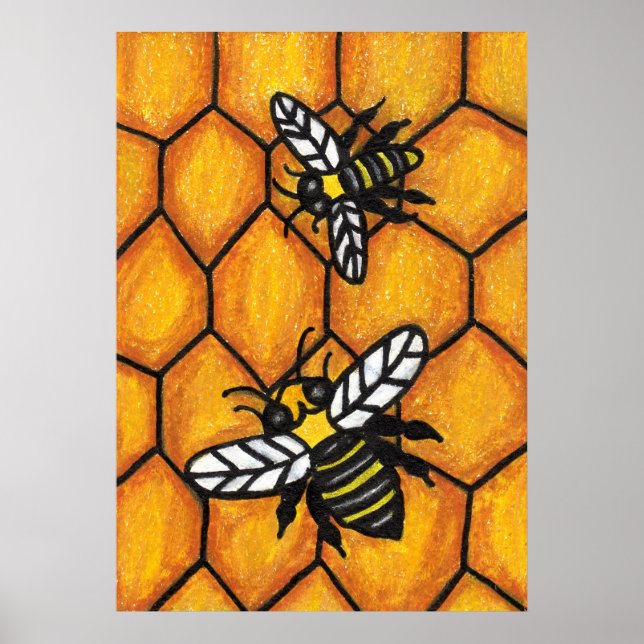 Affiche Abeilles bourdonnantes mignonnes sur Honeycomb (Devant)