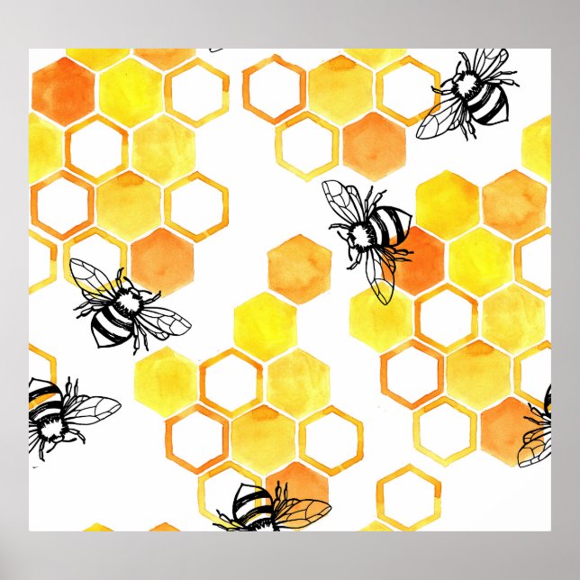 Affiche Abeilles de miel : Motif d'aquarelle jaune (Devant)