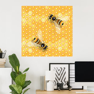 Affiche Abeilles de miel sur un Motif de nid d'abeille