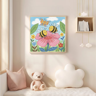 Affiche Abeilles mignonnes et papillon dansant Dessin au c
