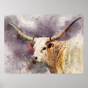 Affiche Abrégé sur photo d'aquarelle du Texas Longhorn
