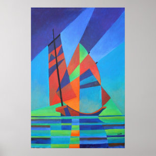 Affiche Abstract Art Junk Boat Against Deep Blue Sky