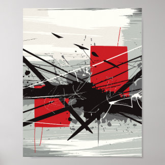 Affiche Abstract Art with Red Blocks & Black Strokes