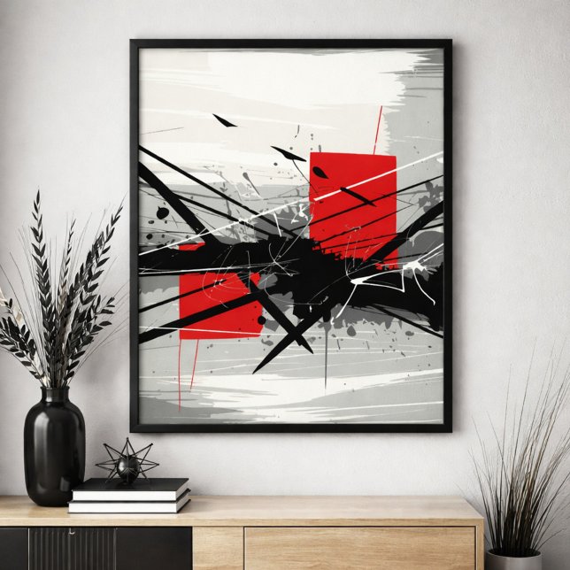 Affiche Abstract Art with Red Blocks & Black Strokes (Créateur téléchargé)