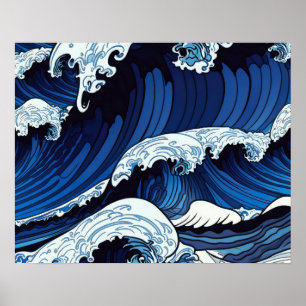 Affiche Abstract Blue Ocean Waves Japanese Style Artwork  