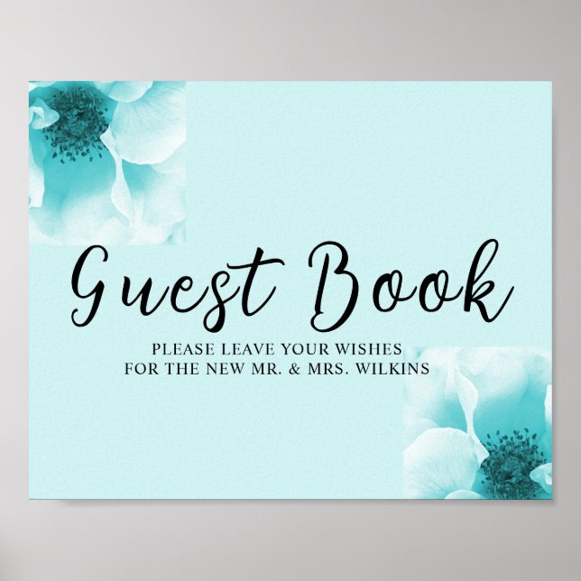 Affiche Abstract Blue & White Florals Guest book Sign (Devant)