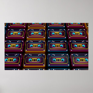 Affiche Abstract Cassette tape neon retro music of backgro