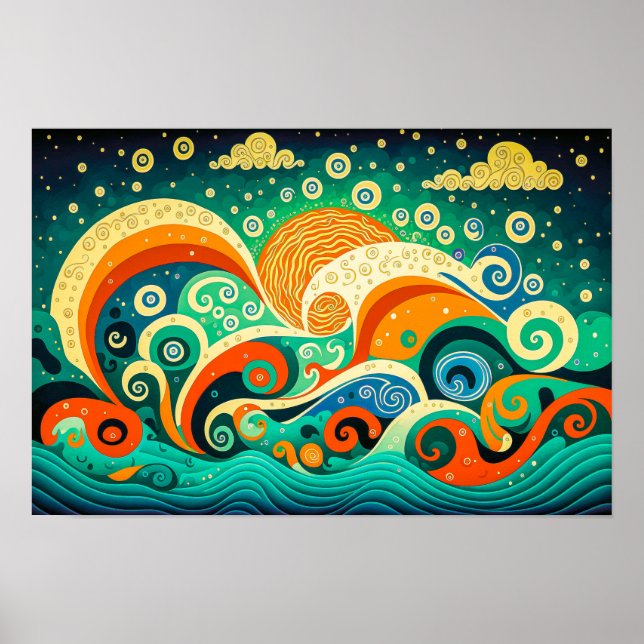 Affiche Abstract Colorful Retro 70s Hippie Waves Artwork | (Devant)
