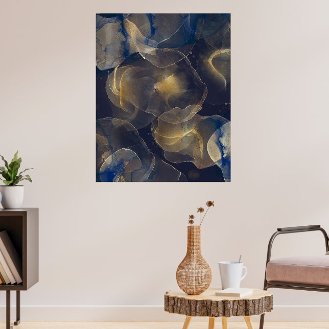 Affiche Abstract Dark Blue Gold Fluid Art Painting (Salon 3)
