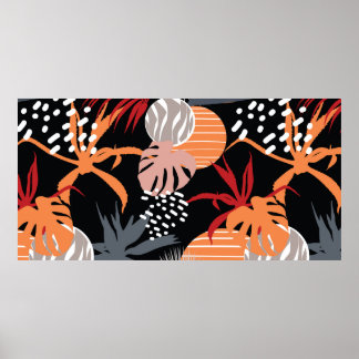 Affiche Abstract flower and tropical leaves drawing seamle
