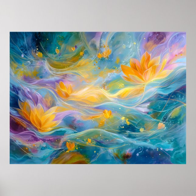 Affiche Abstract Golden Lotus Floating Flowers  (Devant)