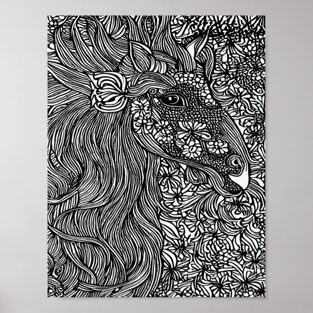 Affiche Abstract Horse face Flowers Original ink Art (Devant)