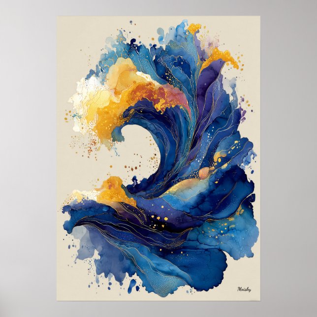 Affiche Abstract Ocean Wave Liquid Art Blue Gold Fluid  (Devant)