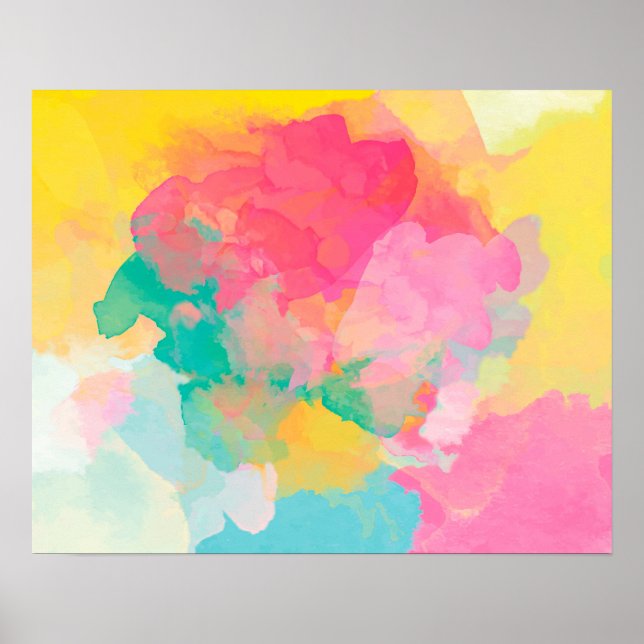 Affiche Abstraction Aquarelle Rose Jaune Et Bleu (Devant)