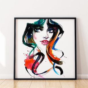 Affiche Abstrait Aquarelle encre coloré femme maquillage P