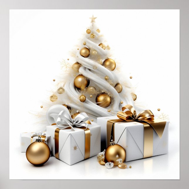 Affiche Abstrait arbre de Noël blanc aux accents or (Devant)