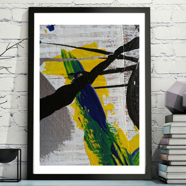 Affiche Abstrait Art noir Jaune bleu gris peinture (Art viewed in a frame example.)