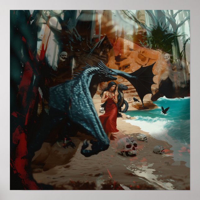 Affiche Abstrait Dragon Crâne Witchy AI Art Matte Valeur (Devant)