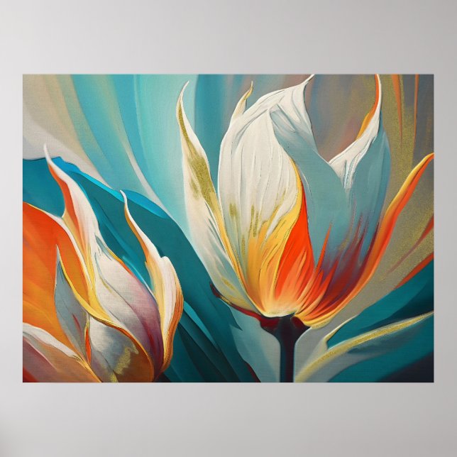 Affiche Abstrait Floral Glow en Bleu sarcelle et Orange (Devant)