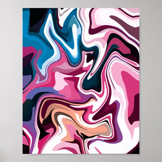 Affiche Abstrait Fluid Swirl Art en rose, blanc et bleu (Devant)