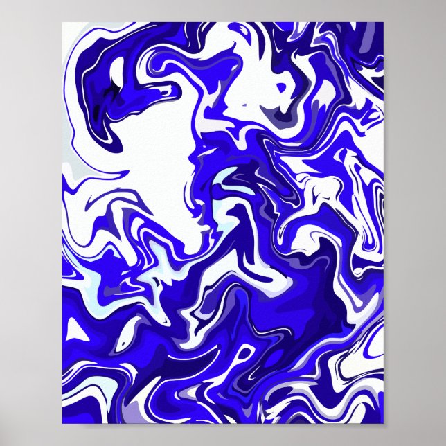 Affiche Abstrait fluide en bleu et blanc (Devant)