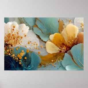 Affiche Abstrait Fluide Moderne Sarcelle Or Bulles et Vein