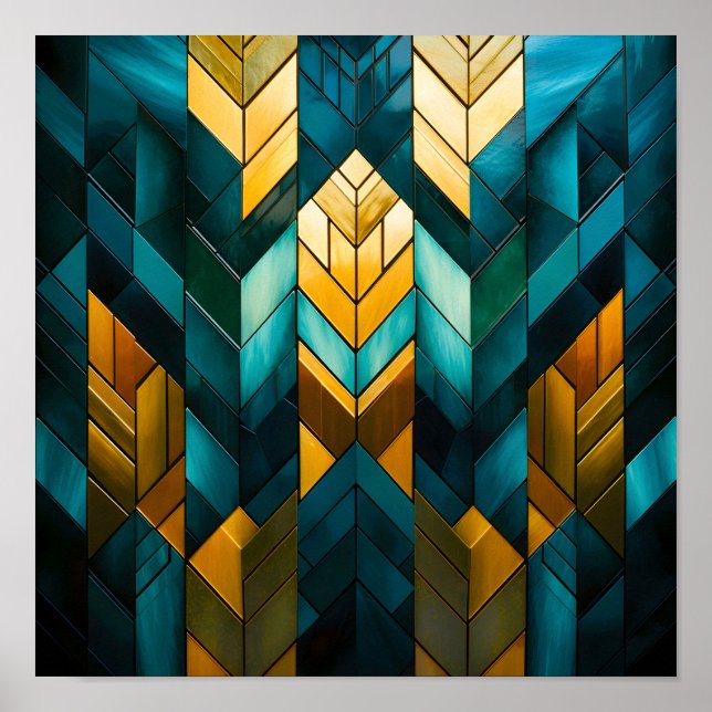 Affiche Abstrait Géométrique Moderne Élégant Or Turquoise (Devant)