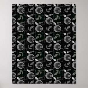 Affiche Abstrait monochrome pomme feuilles noir gris