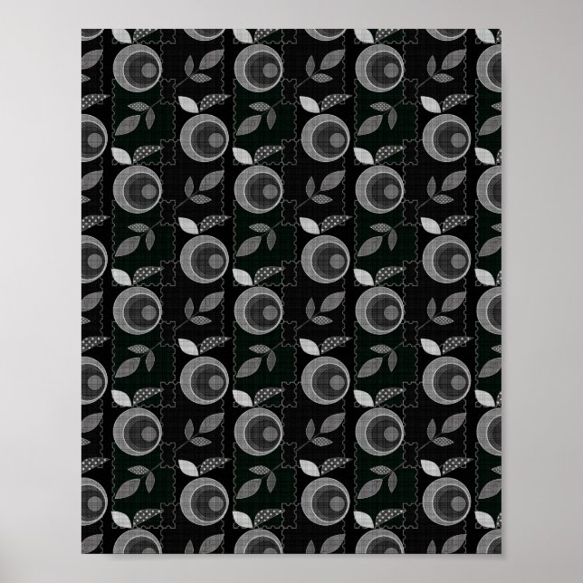Affiche Abstrait monochrome pomme feuilles noir gris (Devant)