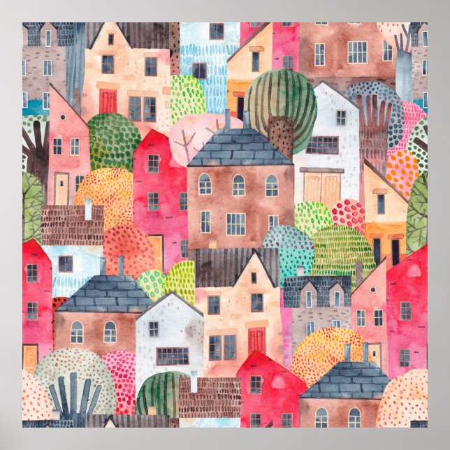 Affiche Abstrait motif sans couture avec maisons. Aquarell (Devant)