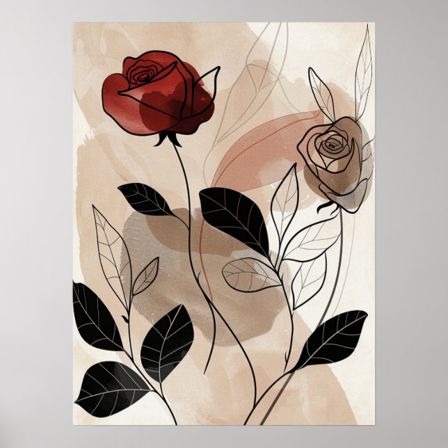 Affiche Abstrait Red Black Roses Green feuilles Line Art (Devant)