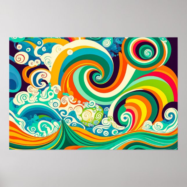 Affiche Abstrait rétro coloré les années 70 hippie Waves A (Devant)