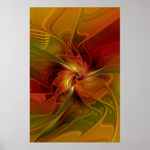 Affiche Abstrait Rouge Orange Brown Vert Fractal Art Flowe
