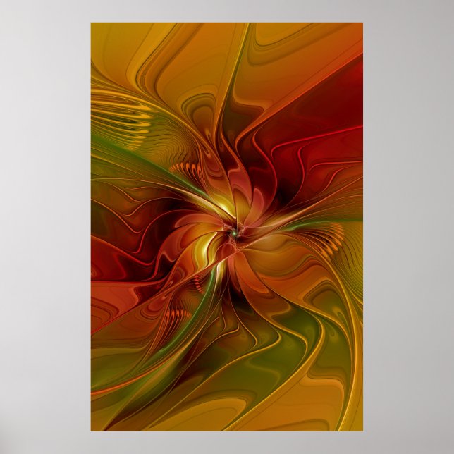 Affiche Abstrait Rouge Orange Brown Vert Fractal Art Flowe (Devant)