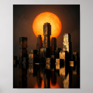 Affiche Abstrait Soleil Orange Skyline Texturé Art