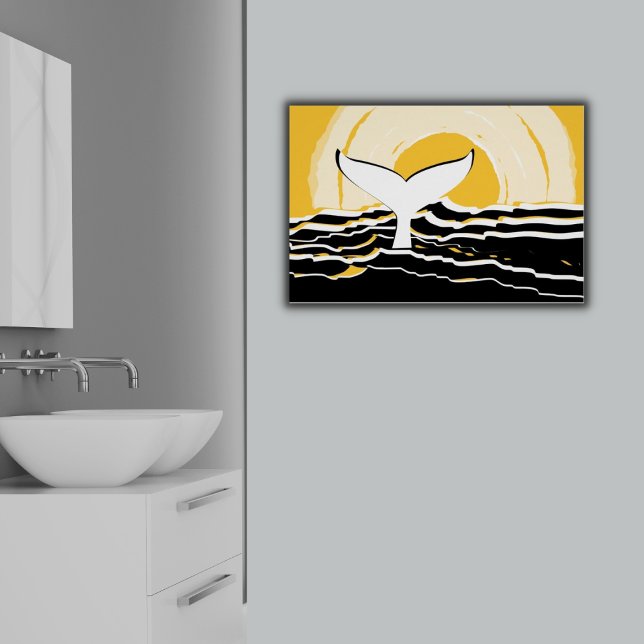 Affiche Abstrait Sunsrise Baleine Fin Mer Jaune & Noir (Abstract Yellow Sunsrise Whale Fin Ocean Modern Poster)