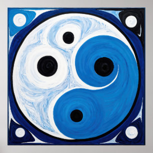 Affiche Abstrait Yin Yang : Moderniste Bleu & Blanc