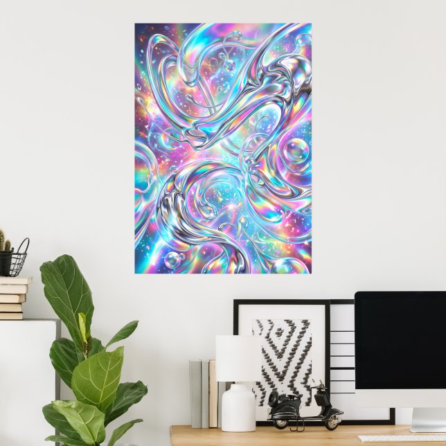 Affiche Abstraite Iridescente Chrome Liquide Holog (Bureau à domicile)