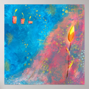 Affiche Abstraite peinture bleu mer bougies couleurs vives