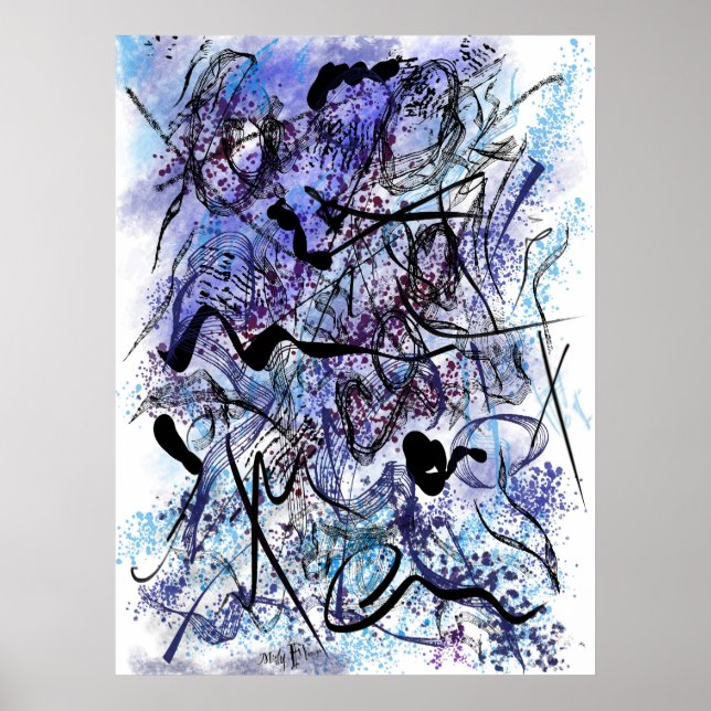 Affiche Abstraites Touches de Pinceau Bleu Noir Éclaboussu (Devant)