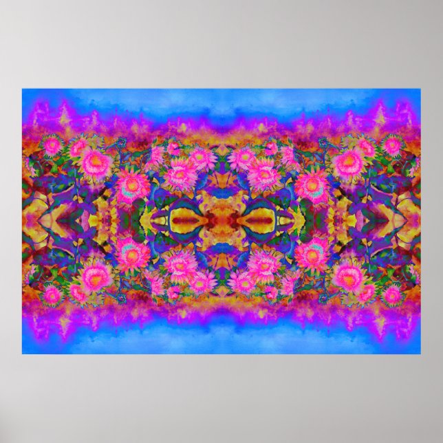 Affiche Abstraits champs de tournesol rose fleuri rose rét (Devant)