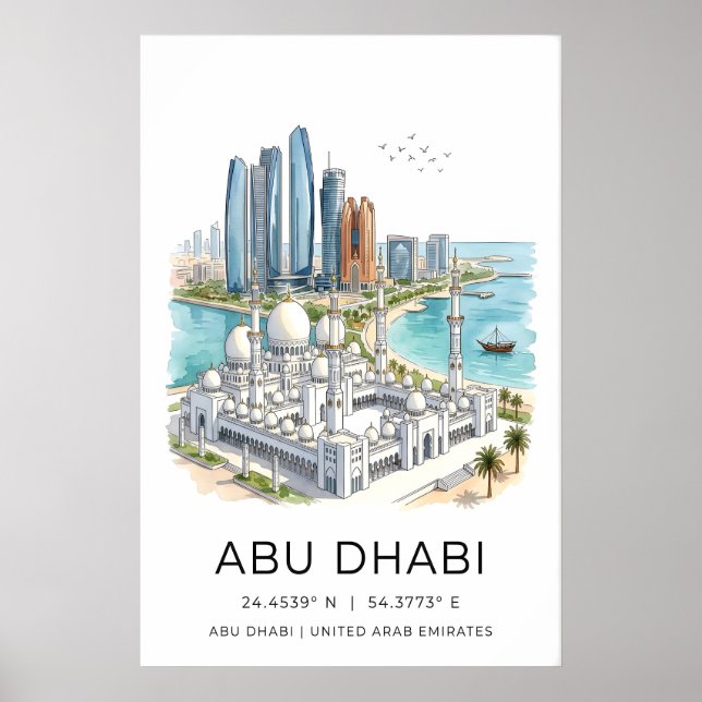 Affiche Abu Dhabi Art Print Skyline avec Grande Mosquée et (Devant)