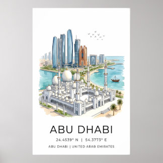 Affiche Abu Dhabi Art Print Skyline with Grand Mosque and